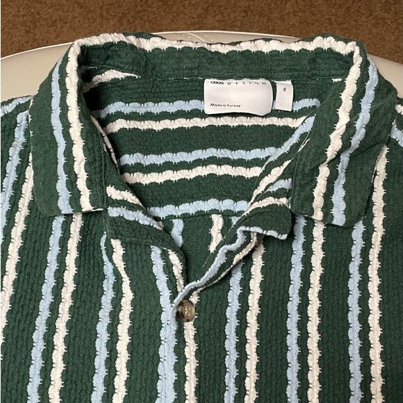 ASOS DESIGN Green Knitted Stripe Revere Shirt Medium - Picture 8 of 10